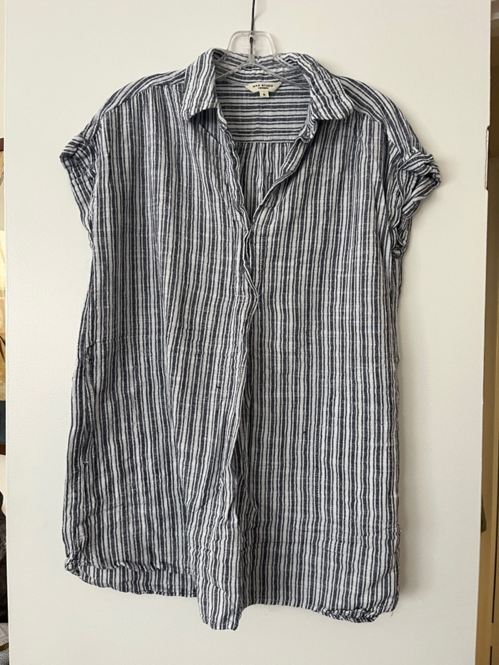 Max Studio Navy & White Striped Linen Shirt Dress